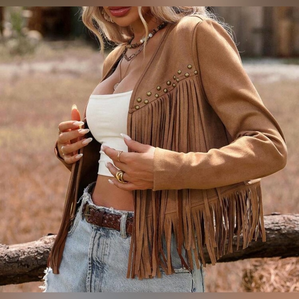 Women's Faux SuedeTan Fringe Jacket - Picture 5 of 9